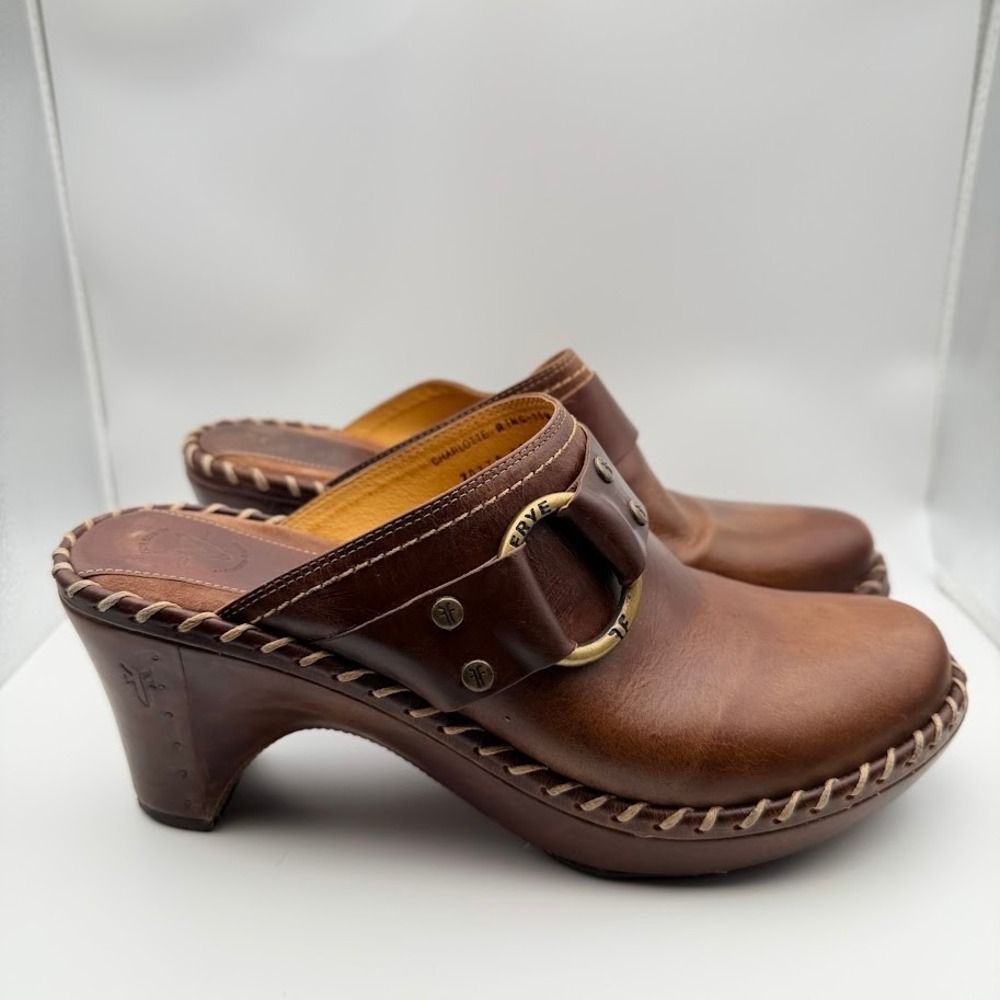 Frye Charlotte Ring Harness Clogs Womens Sz 10 Brown Leather Slip On Whip Stitch - Picture 5 of 12